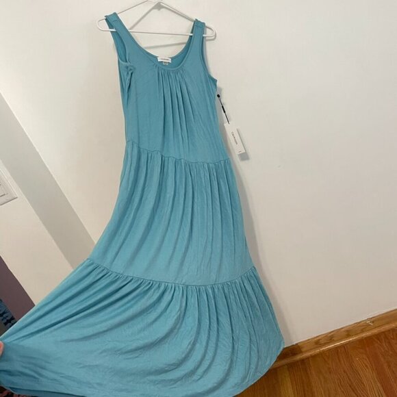 NEW NWT CALVIN KLEIN CK Sleeveless Tiered Dress Solid Aqua Blue Midi Sundress 6 - Picture 8 of 14